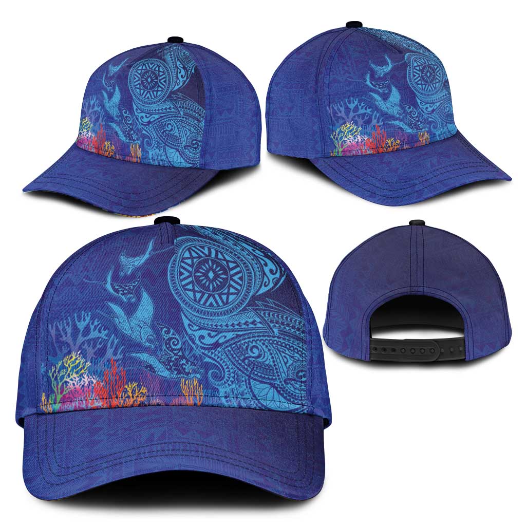 Fijian Tribal Manta Ray Classic Cap Masi Motif with Coral Reef Ocean Vibe