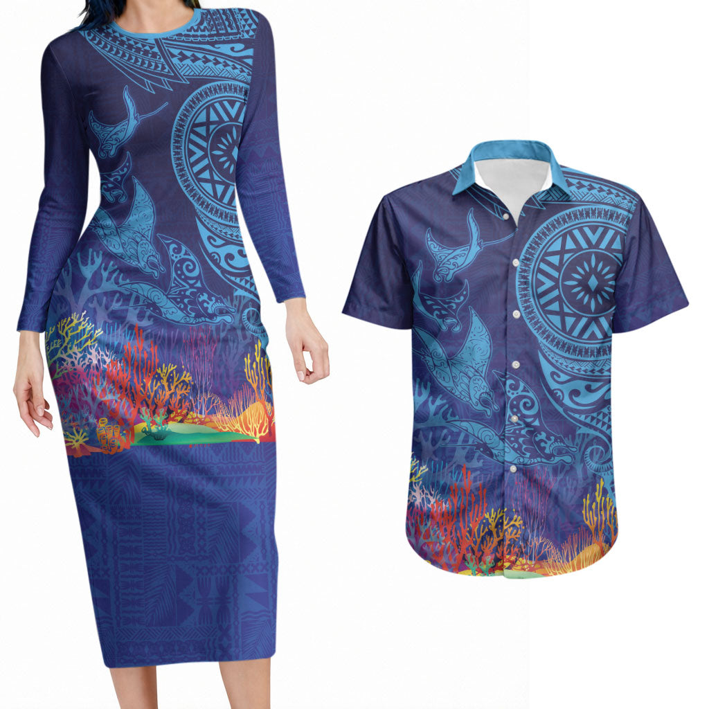 Fijian Tribal Manta Ray Couples Matching Long Sleeve Bodycon Dress and Hawaiian Shirt Masi Motif with Coral Reef Ocean Vibe