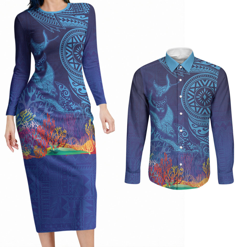Fijian Tribal Manta Ray Couples Matching Long Sleeve Bodycon Dress and Long Sleeve Button Shirt Masi Motif with Coral Reef Ocean Vibe