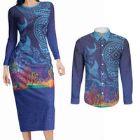 Fijian Tribal Manta Ray Couples Matching Long Sleeve Bodycon Dress and Long Sleeve Button Shirt Masi Motif with Coral Reef Ocean Vibe