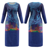 Fijian Tribal Manta Ray Couples Matching Long Sleeve Bodycon Dress and Long Sleeve Button Shirt Masi Motif with Coral Reef Ocean Vibe