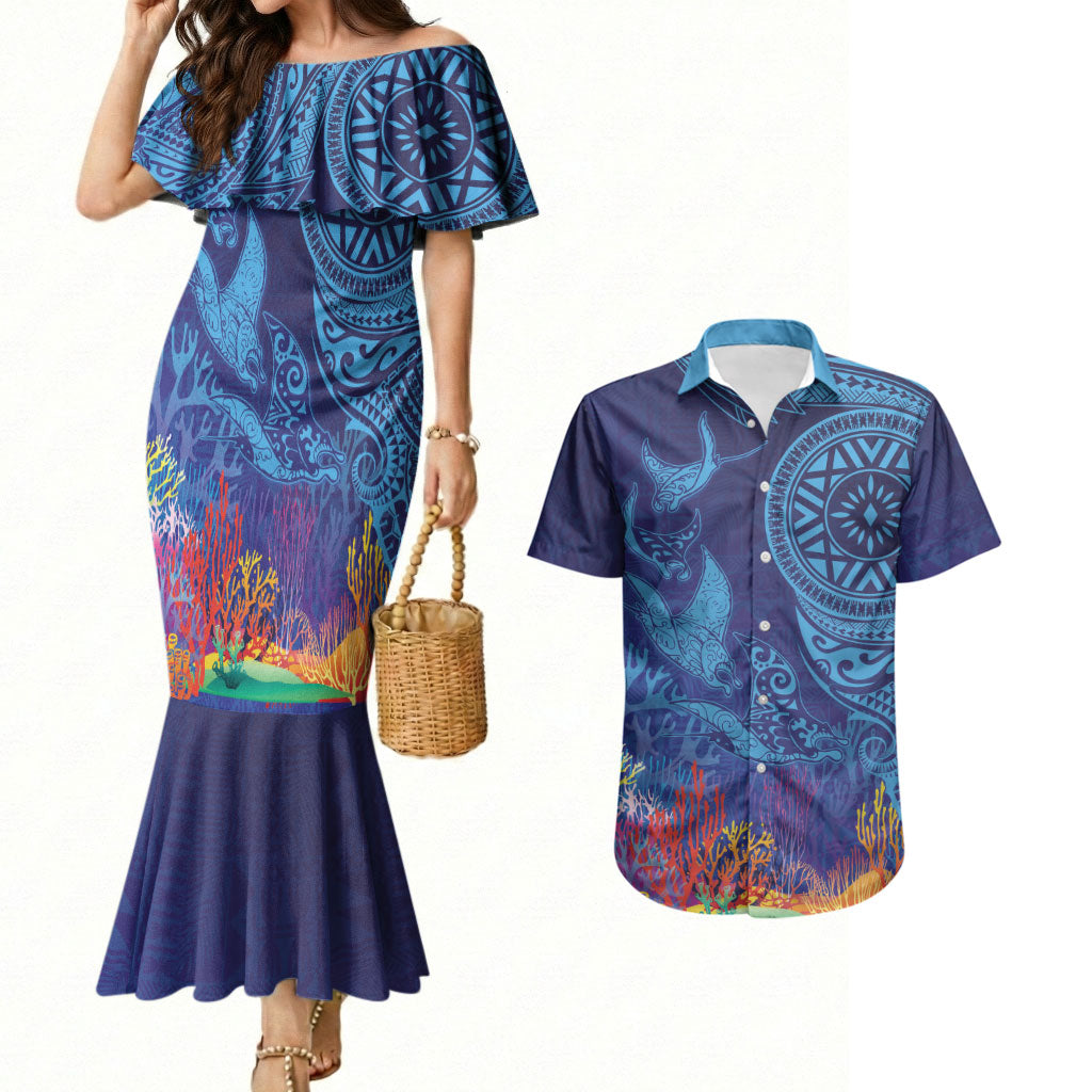 Fijian Tribal Manta Ray Couples Matching Mermaid Dress and Hawaiian Shirt Masi Motif with Coral Reef Ocean Vibe