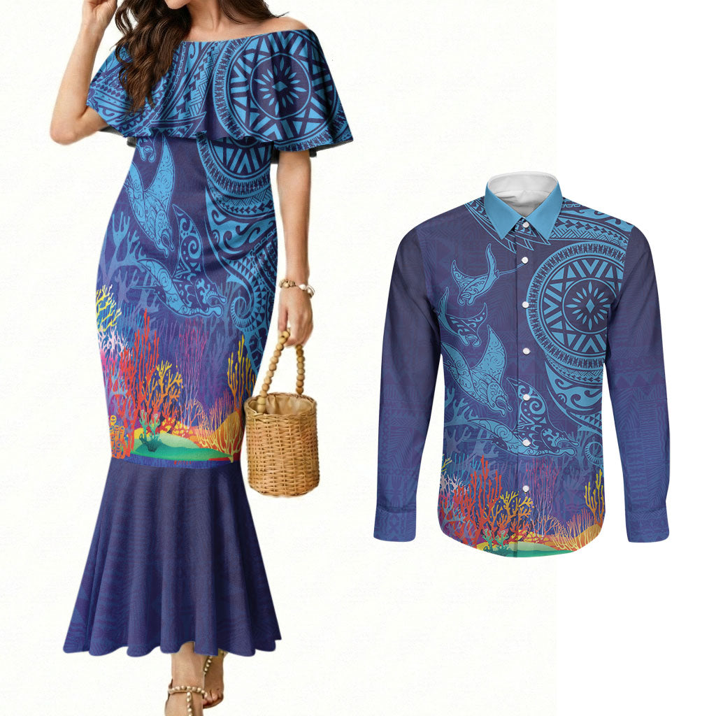 Fijian Tribal Manta Ray Couples Matching Mermaid Dress and Long Sleeve Button Shirt Masi Motif with Coral Reef Ocean Vibe