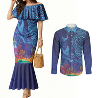 Fijian Tribal Manta Ray Couples Matching Mermaid Dress and Long Sleeve Button Shirt Masi Motif with Coral Reef Ocean Vibe