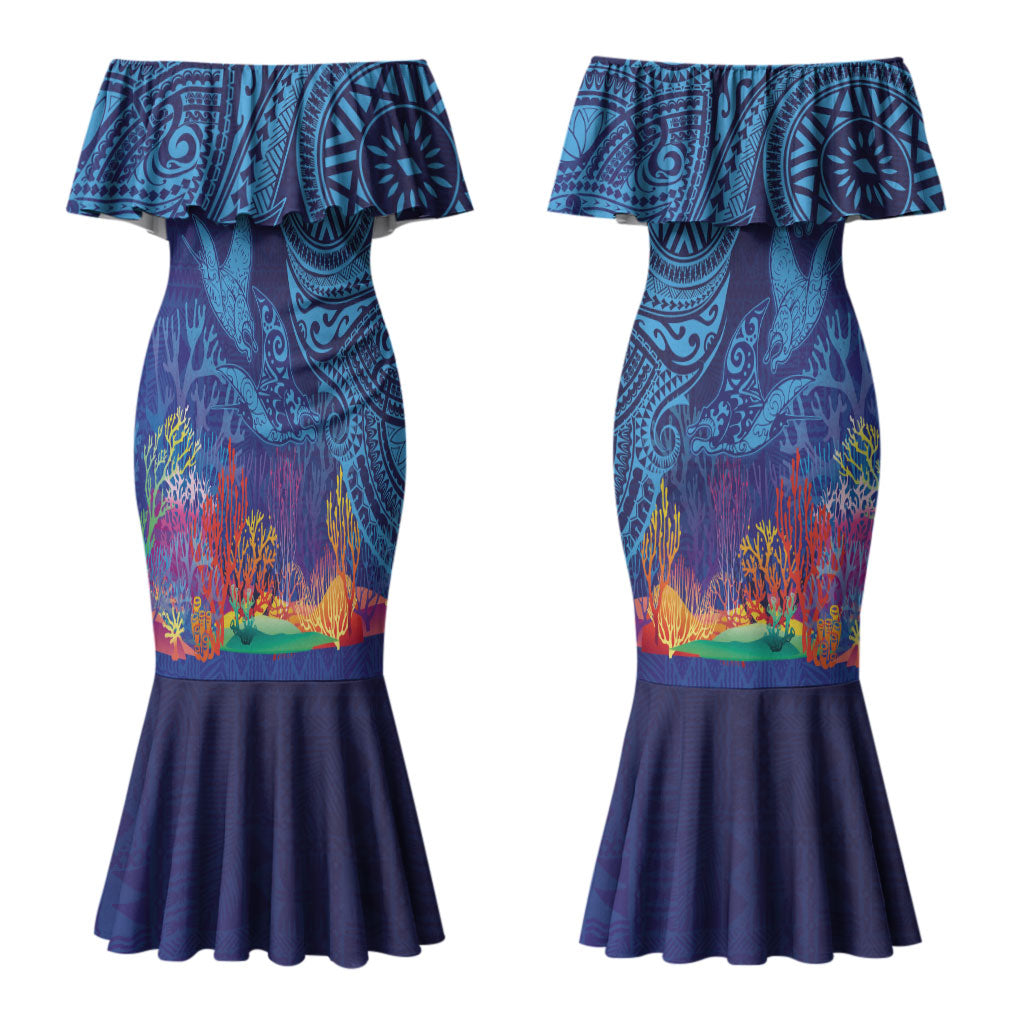 Fijian Tribal Manta Ray Couples Matching Mermaid Dress and Long Sleeve Button Shirt Masi Motif with Coral Reef Ocean Vibe