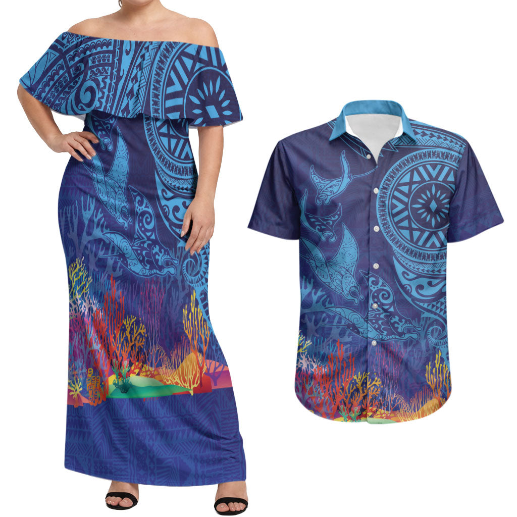 Fijian Tribal Manta Ray Couples Matching Off Shoulder Maxi Dress and Hawaiian Shirt Masi Motif with Coral Reef Ocean Vibe