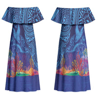 Fijian Tribal Manta Ray Couples Matching Off Shoulder Maxi Dress and Hawaiian Shirt Masi Motif with Coral Reef Ocean Vibe