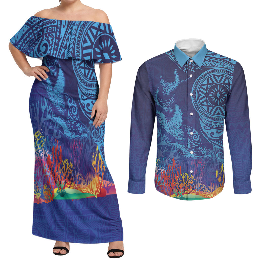 Fijian Tribal Manta Ray Couples Matching Off Shoulder Maxi Dress and Long Sleeve Button Shirt Masi Motif with Coral Reef Ocean Vibe