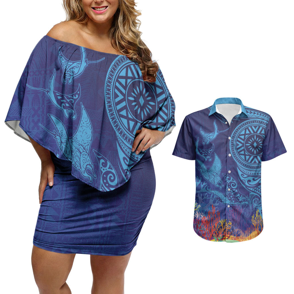 Fijian Tribal Manta Ray Couples Matching Off Shoulder Short Dress and Hawaiian Shirt Masi Motif with Coral Reef Ocean Vibe