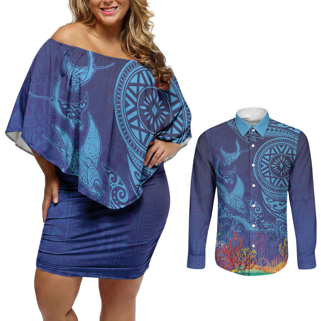 Fijian Tribal Manta Ray Couples Matching Off Shoulder Short Dress and Long Sleeve Button Shirt Masi Motif with Coral Reef Ocean Vibe