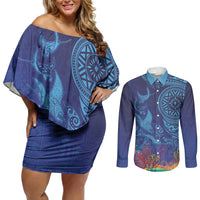 Fijian Tribal Manta Ray Couples Matching Off Shoulder Short Dress and Long Sleeve Button Shirt Masi Motif with Coral Reef Ocean Vibe