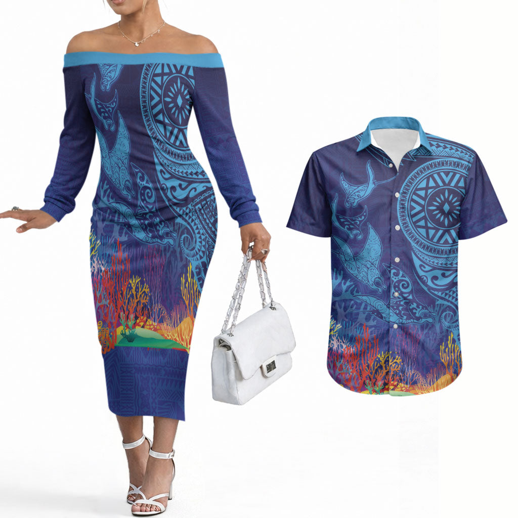 Fijian Tribal Manta Ray Couples Matching Off The Shoulder Long Sleeve Dress and Hawaiian Shirt Masi Motif with Coral Reef Ocean Vibe