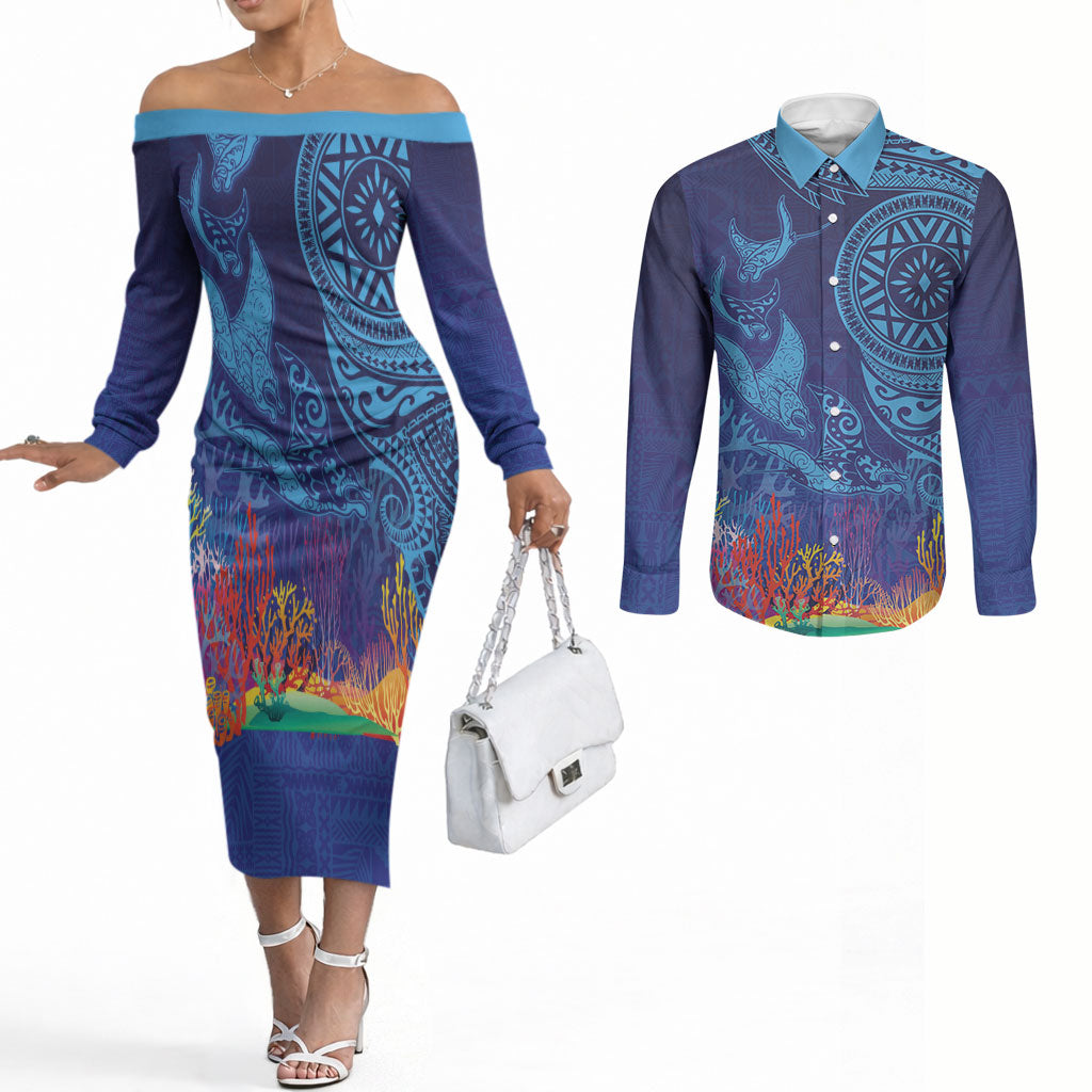 Fijian Tribal Manta Ray Couples Matching Off The Shoulder Long Sleeve Dress and Long Sleeve Button Shirt Masi Motif with Coral Reef Ocean Vibe