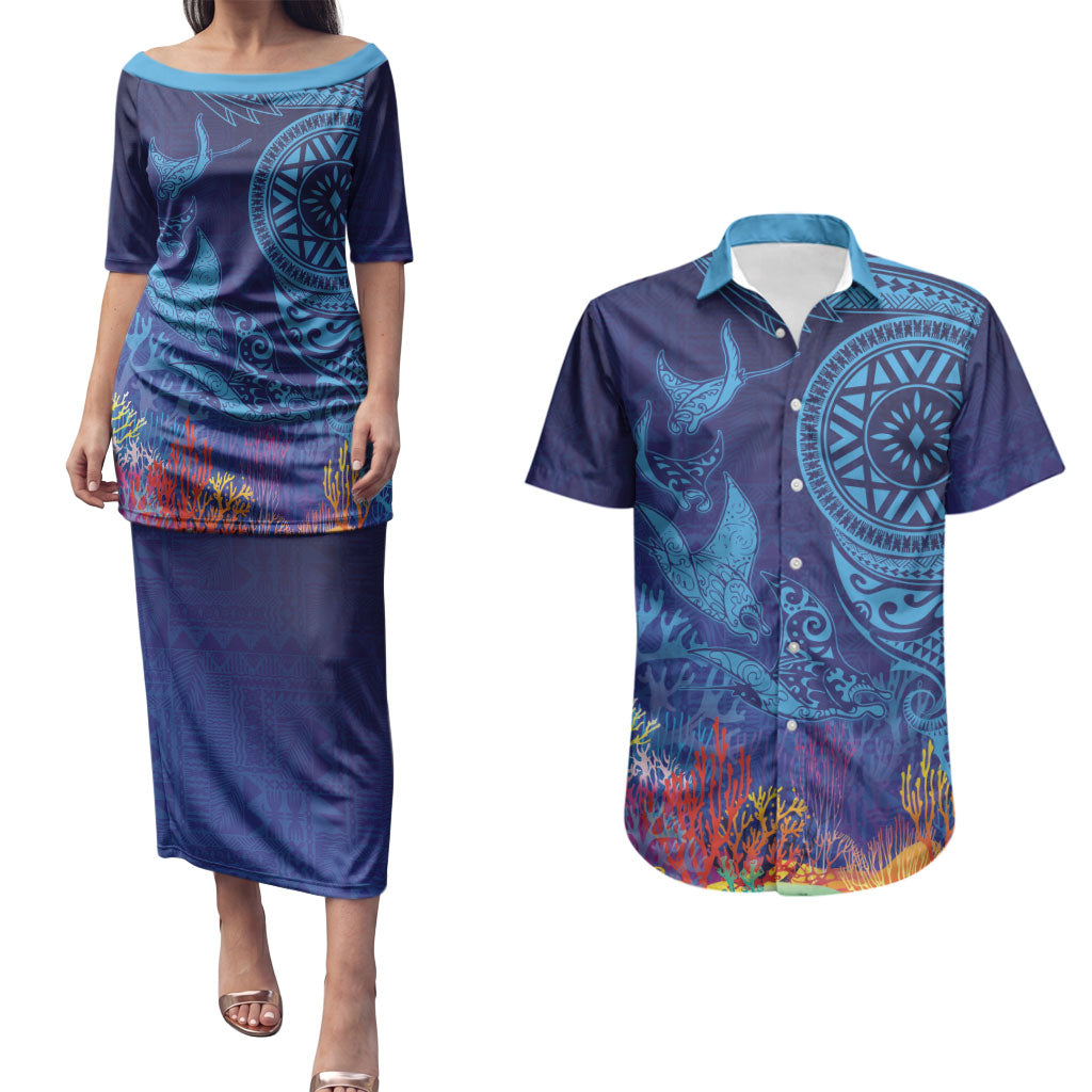 Fijian Tribal Manta Ray Couples Matching Puletasi and Hawaiian Shirt Masi Motif with Coral Reef Ocean Vibe