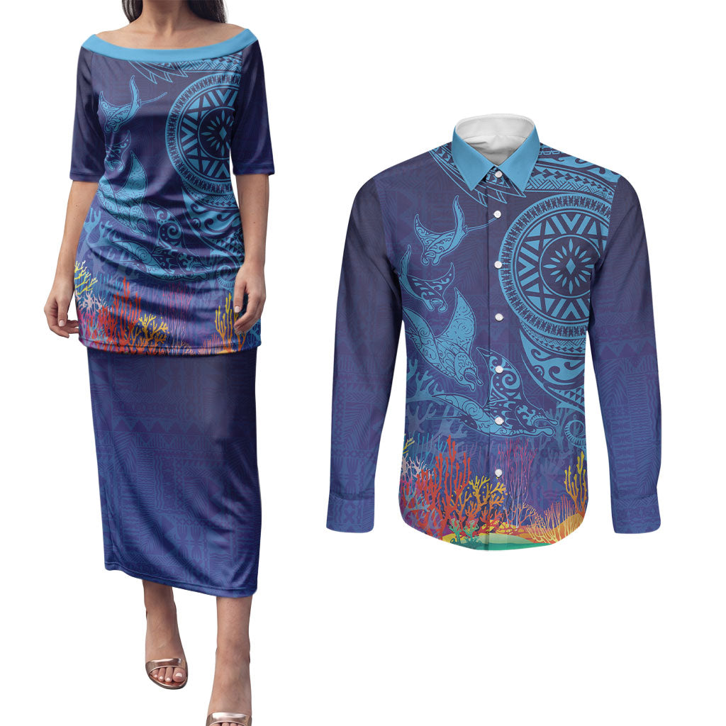 Fijian Tribal Manta Ray Couples Matching Puletasi and Long Sleeve Button Shirt Masi Motif with Coral Reef Ocean Vibe