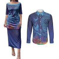 Fijian Tribal Manta Ray Couples Matching Puletasi and Long Sleeve Button Shirt Masi Motif with Coral Reef Ocean Vibe