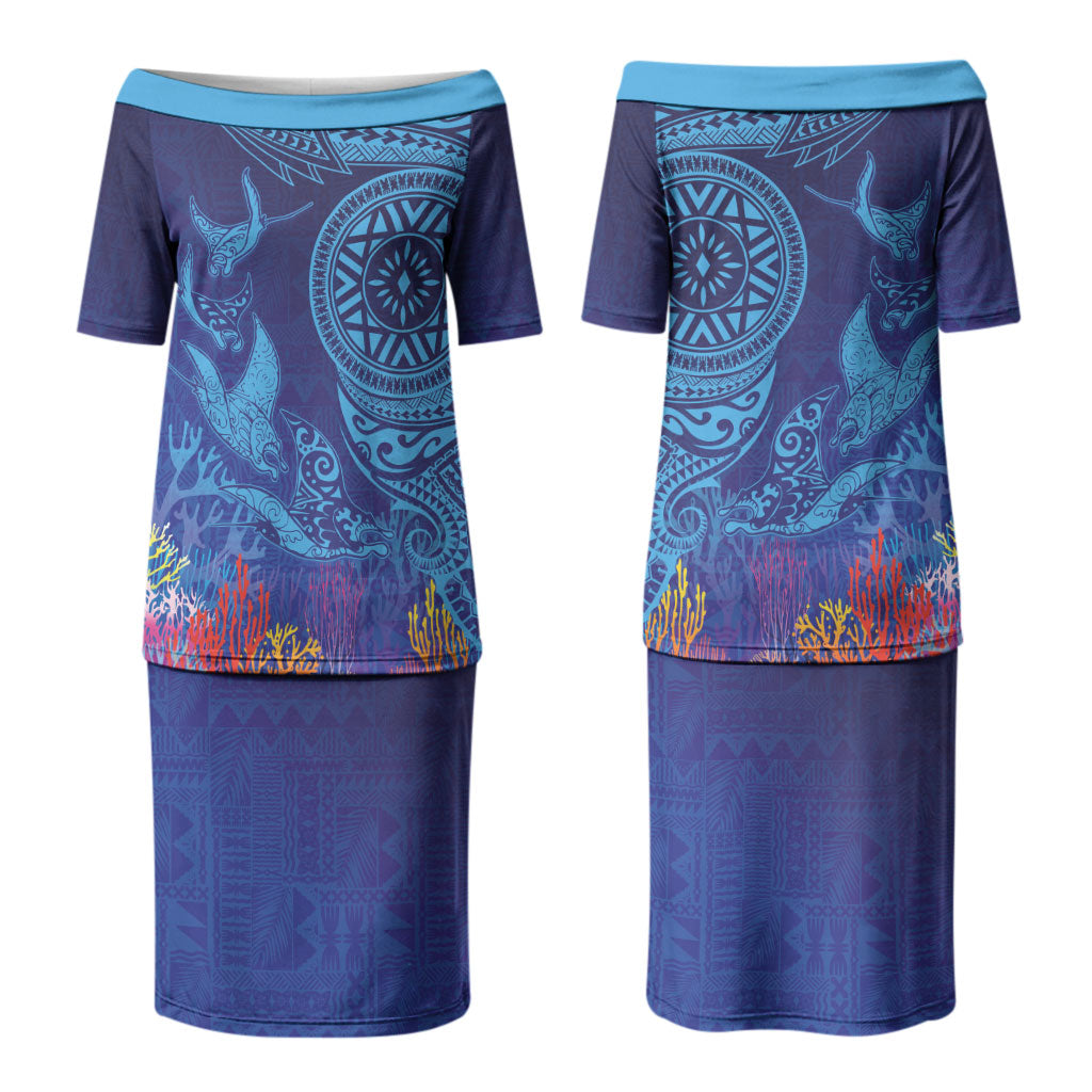 Fijian Tribal Manta Ray Couples Matching Puletasi and Long Sleeve Button Shirt Masi Motif with Coral Reef Ocean Vibe