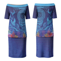 Fijian Tribal Manta Ray Couples Matching Puletasi and Long Sleeve Button Shirt Masi Motif with Coral Reef Ocean Vibe