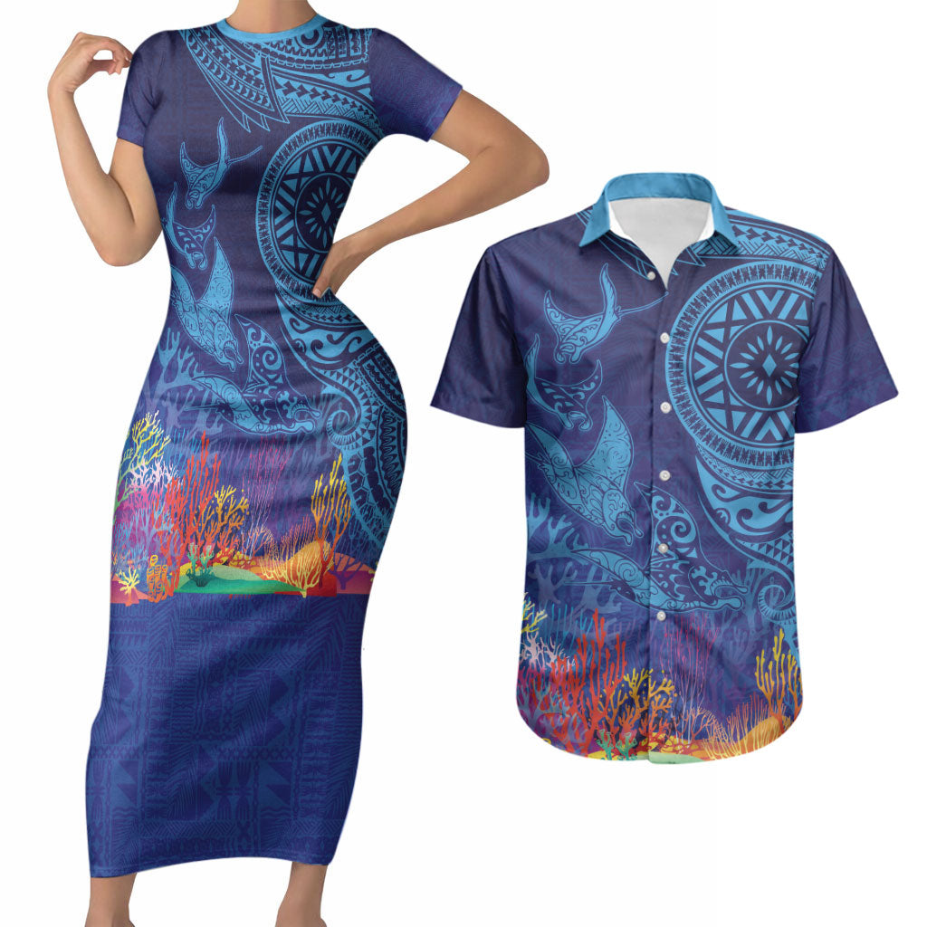 Fijian Tribal Manta Ray Couples Matching Short Sleeve Bodycon Dress and Hawaiian Shirt Masi Motif with Coral Reef Ocean Vibe