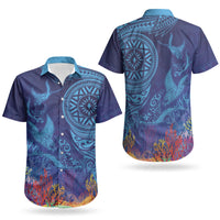 Fijian Tribal Manta Ray Couples Matching Short Sleeve Bodycon Dress and Hawaiian Shirt Masi Motif with Coral Reef Ocean Vibe