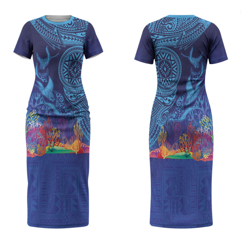 Fijian Tribal Manta Ray Couples Matching Short Sleeve Bodycon Dress and Hawaiian Shirt Masi Motif with Coral Reef Ocean Vibe