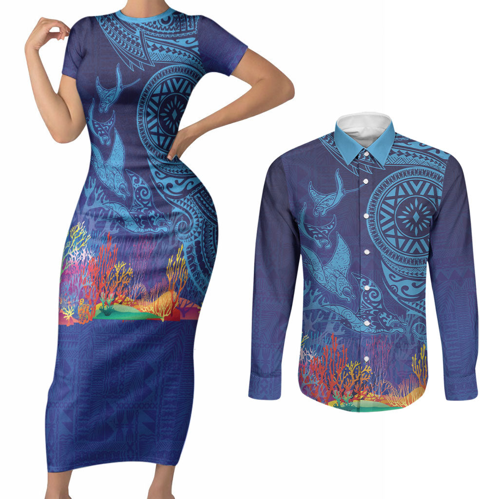 Fijian Tribal Manta Ray Couples Matching Short Sleeve Bodycon Dress and Long Sleeve Button Shirt Masi Motif with Coral Reef Ocean Vibe