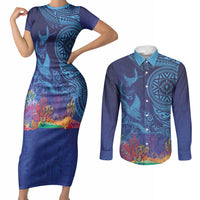 Fijian Tribal Manta Ray Couples Matching Short Sleeve Bodycon Dress and Long Sleeve Button Shirt Masi Motif with Coral Reef Ocean Vibe