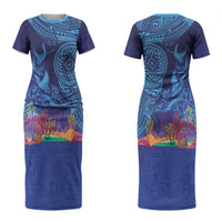 Fijian Tribal Manta Ray Couples Matching Short Sleeve Bodycon Dress and Long Sleeve Button Shirt Masi Motif with Coral Reef Ocean Vibe