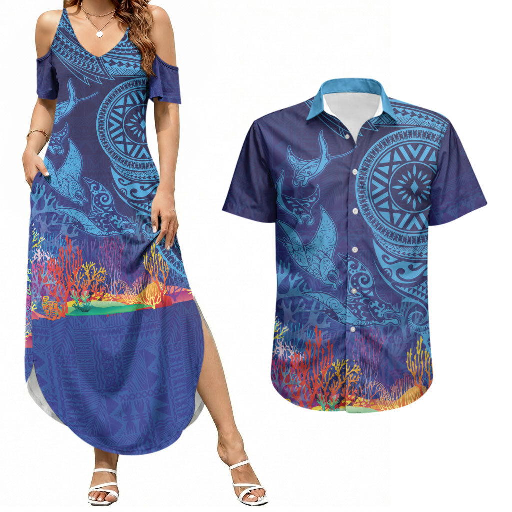 Fijian Tribal Manta Ray Couples Matching Summer Maxi Dress and Hawaiian Shirt Masi Motif with Coral Reef Ocean Vibe
