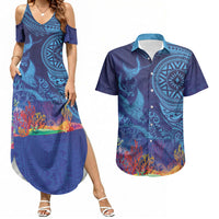Fijian Tribal Manta Ray Couples Matching Summer Maxi Dress and Hawaiian Shirt Masi Motif with Coral Reef Ocean Vibe