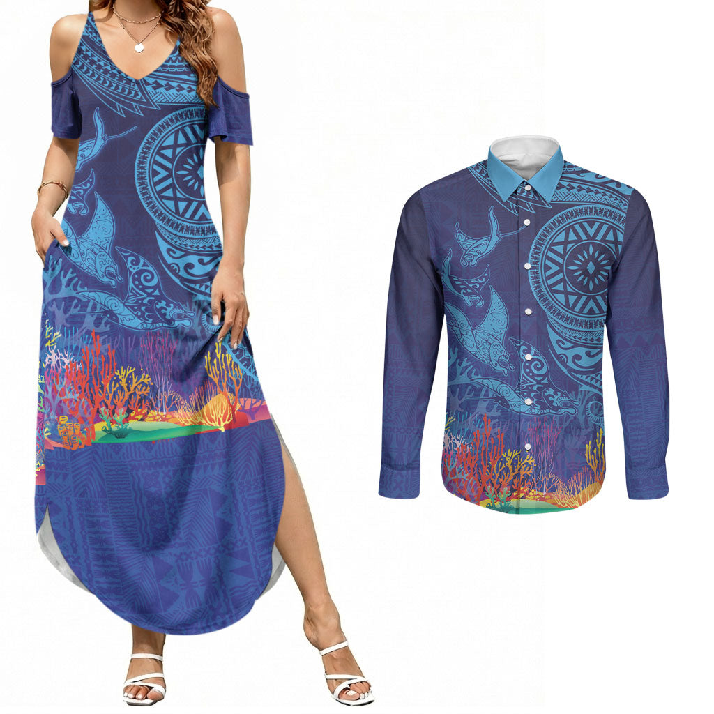 Fijian Tribal Manta Ray Couples Matching Summer Maxi Dress and Long Sleeve Button Shirt Masi Motif with Coral Reef Ocean Vibe