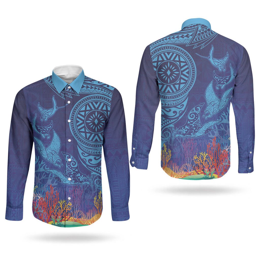 Fijian Tribal Manta Ray Couples Matching Summer Maxi Dress and Long Sleeve Button Shirt Masi Motif with Coral Reef Ocean Vibe