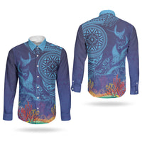 Fijian Tribal Manta Ray Couples Matching Summer Maxi Dress and Long Sleeve Button Shirt Masi Motif with Coral Reef Ocean Vibe
