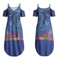 Fijian Tribal Manta Ray Couples Matching Summer Maxi Dress and Long Sleeve Button Shirt Masi Motif with Coral Reef Ocean Vibe