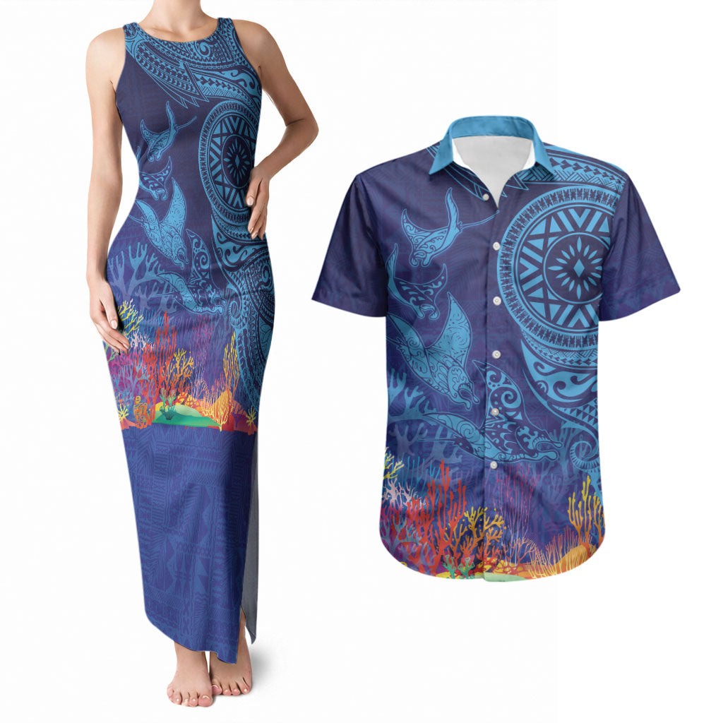 Fijian Tribal Manta Ray Couples Matching Tank Maxi Dress and Hawaiian Shirt Masi Motif with Coral Reef Ocean Vibe