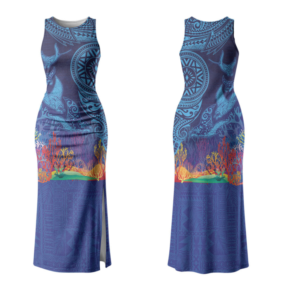 Fijian Tribal Manta Ray Couples Matching Tank Maxi Dress and Hawaiian Shirt Masi Motif with Coral Reef Ocean Vibe
