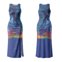 Fijian Tribal Manta Ray Couples Matching Tank Maxi Dress and Hawaiian Shirt Masi Motif with Coral Reef Ocean Vibe