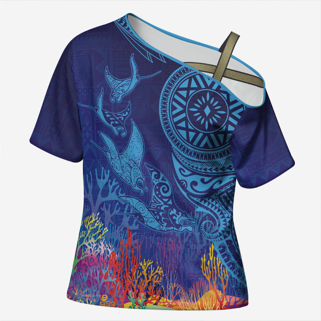 Fijian Tribal Manta Ray Cross Shoulder Shirt Masi Motif with Coral Reef Ocean Vibe