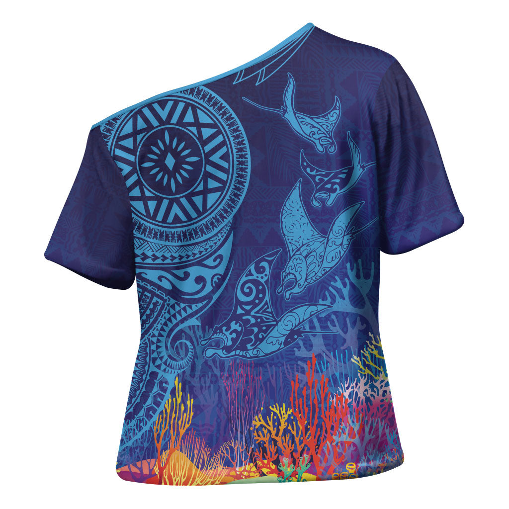 Fijian Tribal Manta Ray Cross Shoulder Shirt Masi Motif with Coral Reef Ocean Vibe