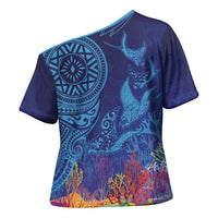 Fijian Tribal Manta Ray Cross Shoulder Shirt Masi Motif with Coral Reef Ocean Vibe