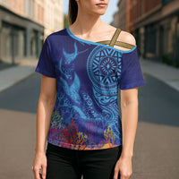Fijian Tribal Manta Ray Cross Shoulder Shirt Masi Motif with Coral Reef Ocean Vibe