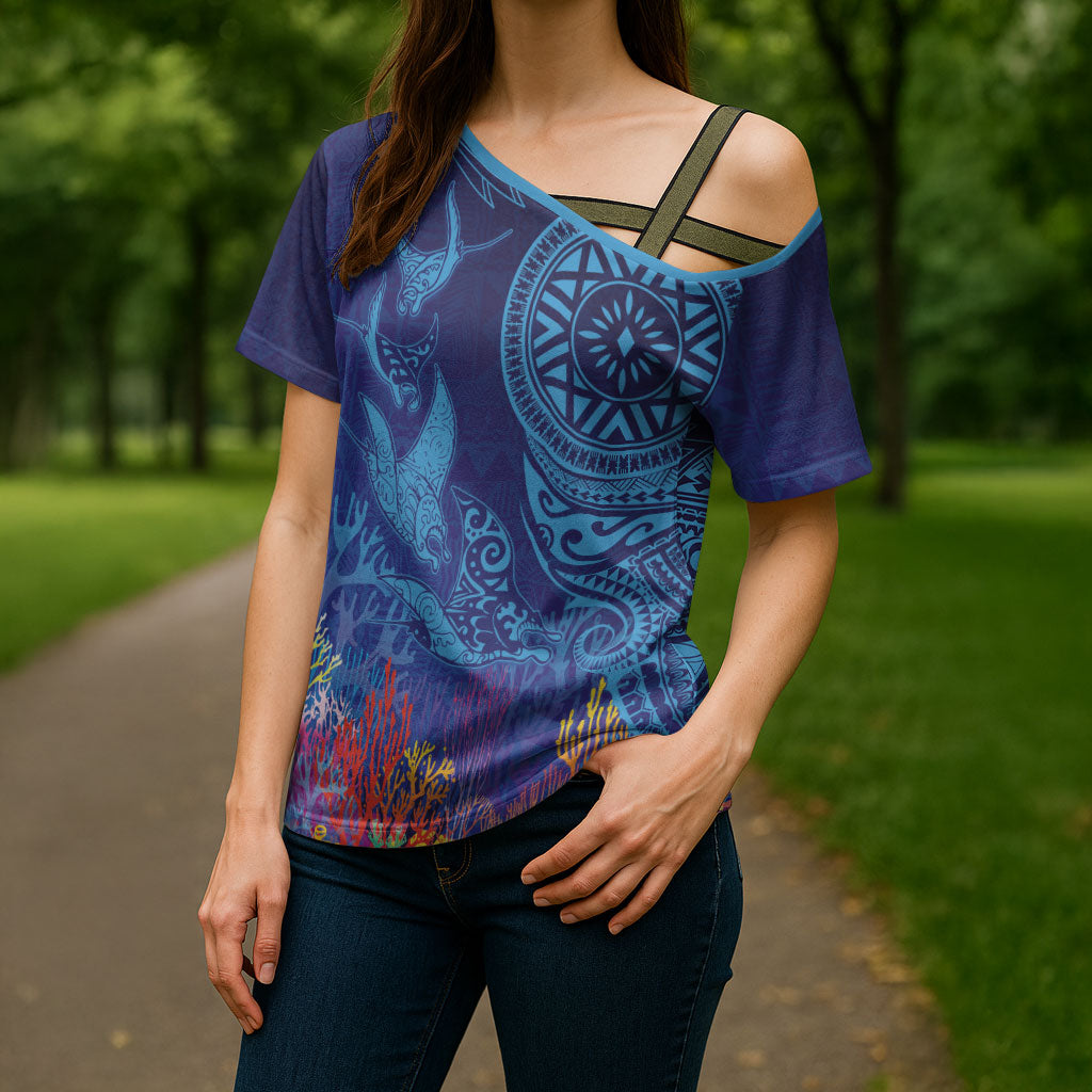 Fijian Tribal Manta Ray Cross Shoulder Shirt Masi Motif with Coral Reef Ocean Vibe