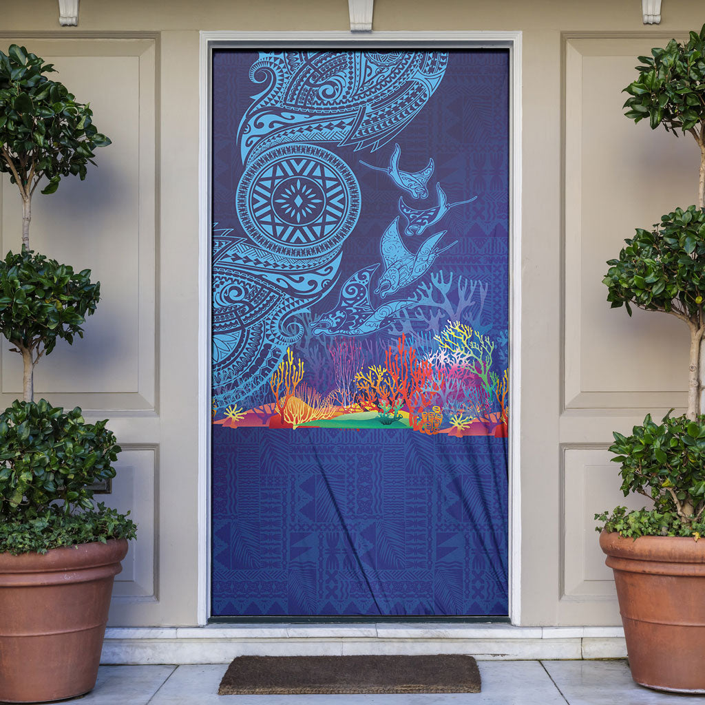 Fijian Tribal Manta Ray Door Cover Masi Motif with Coral Reef Ocean Vibe