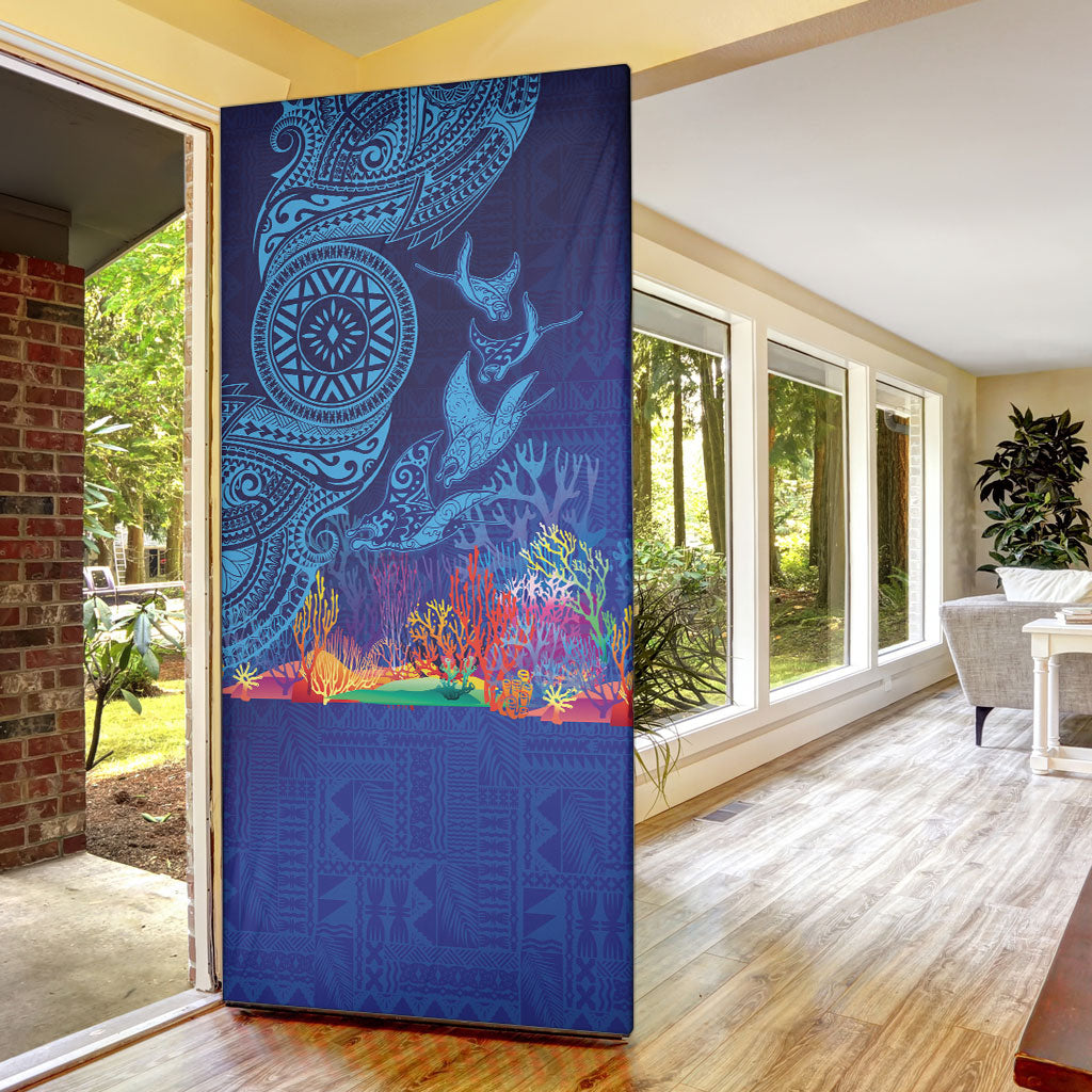 Fijian Tribal Manta Ray Door Cover Masi Motif with Coral Reef Ocean Vibe