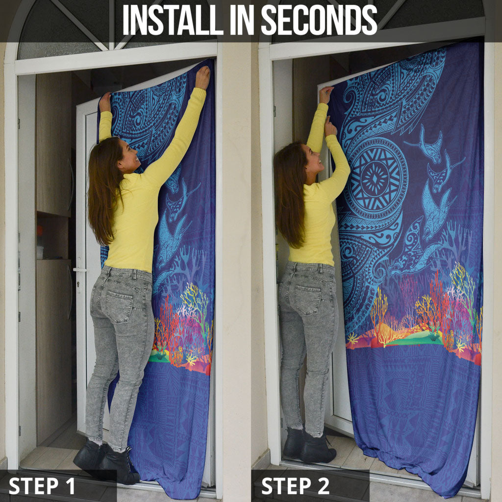 Fijian Tribal Manta Ray Door Cover Masi Motif with Coral Reef Ocean Vibe