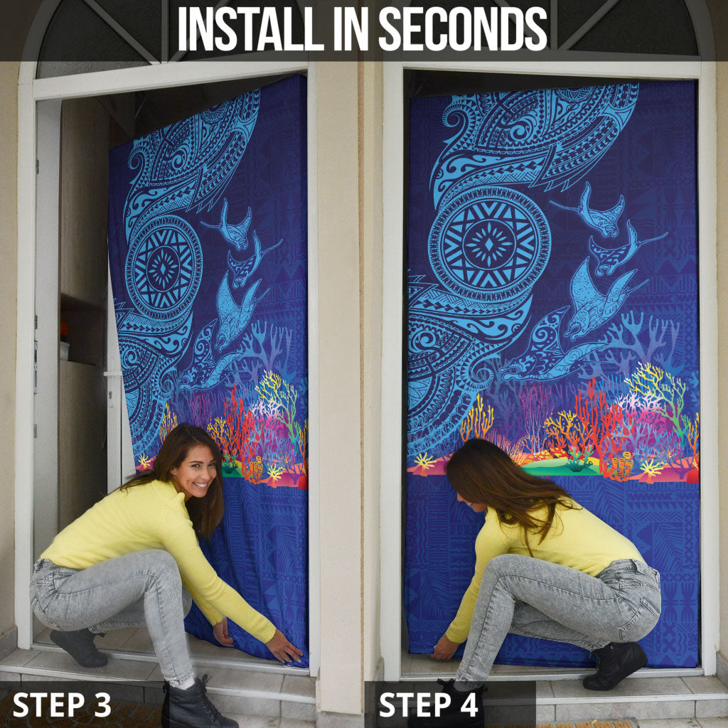 Fijian Tribal Manta Ray Door Cover Masi Motif with Coral Reef Ocean Vibe