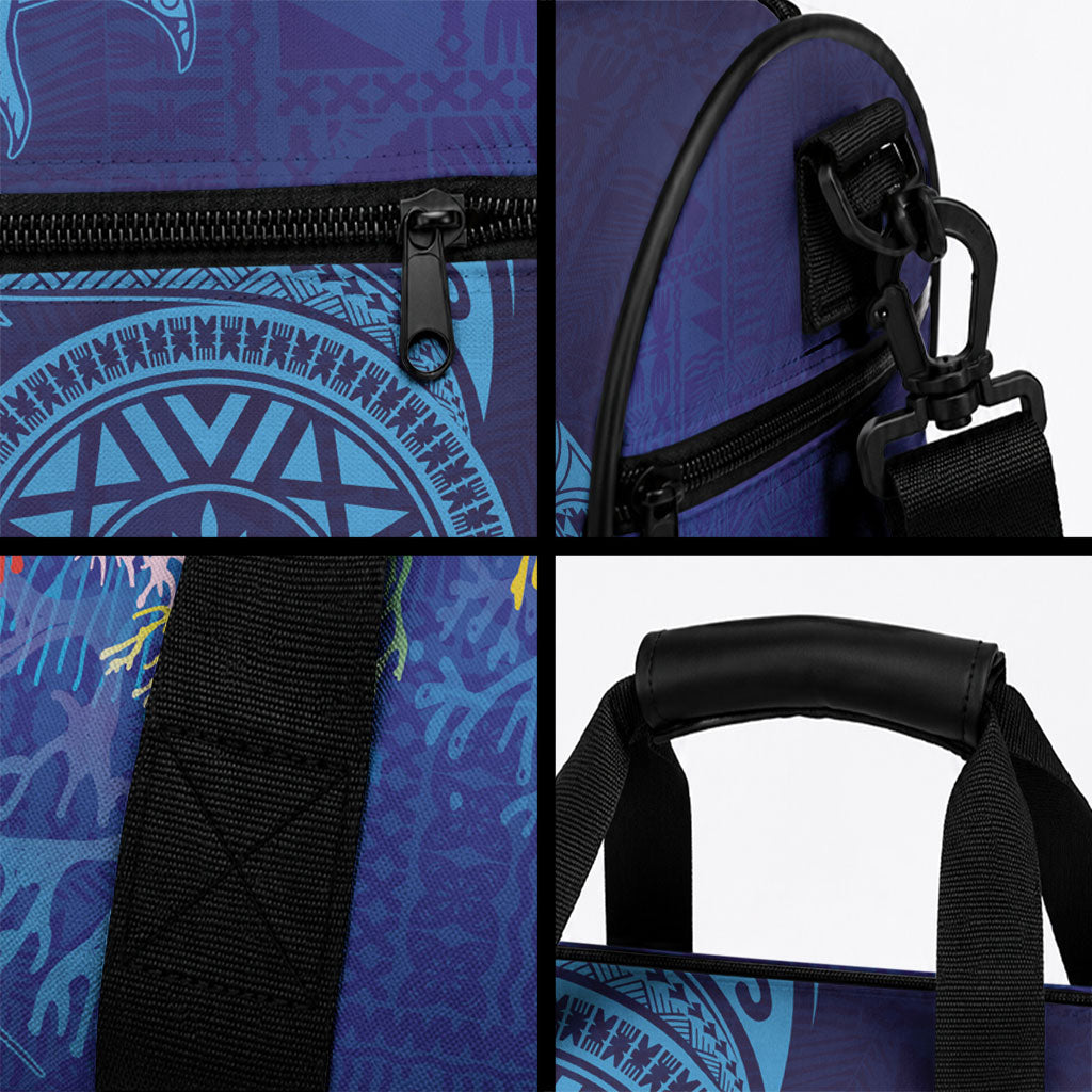 Fijian Tribal Manta Ray Duffle Bag Masi Motif with Coral Reef Ocean Vibe