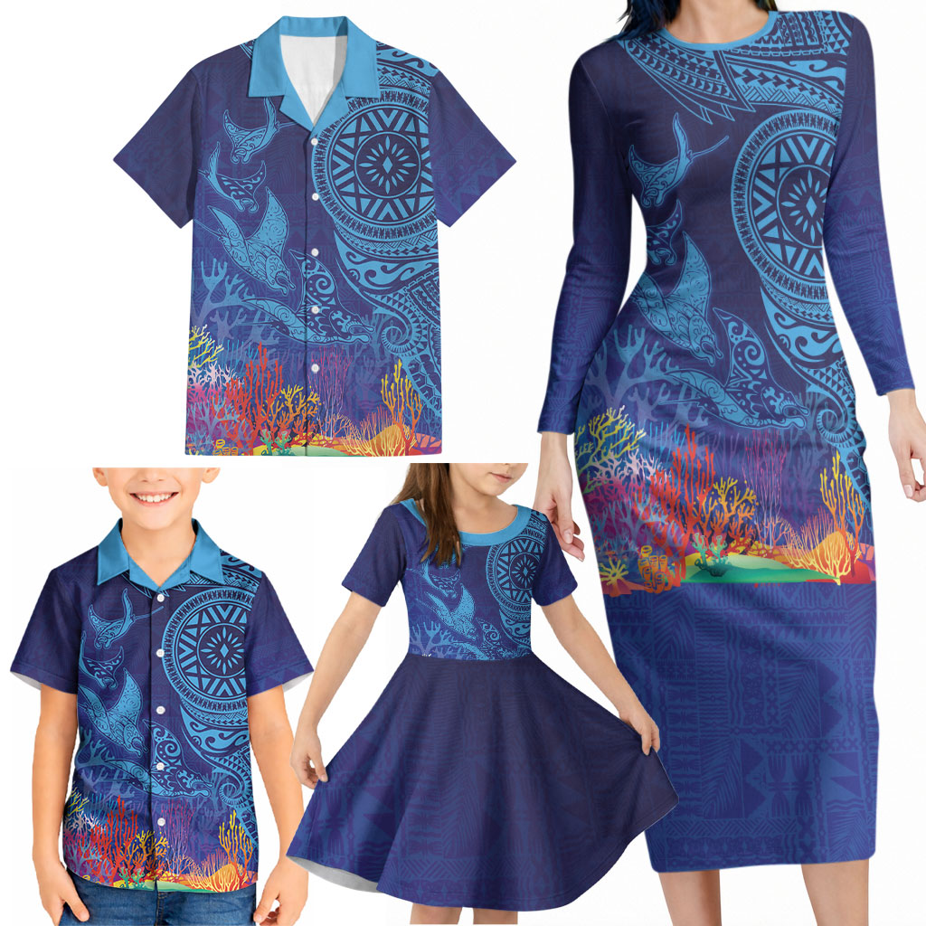 Fijian Tribal Manta Ray Family Matching Long Sleeve Bodycon Dress and Hawaiian Shirt Masi Motif with Coral Reef Ocean Vibe