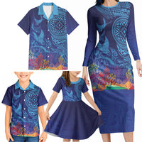 Fijian Tribal Manta Ray Family Matching Long Sleeve Bodycon Dress and Hawaiian Shirt Masi Motif with Coral Reef Ocean Vibe