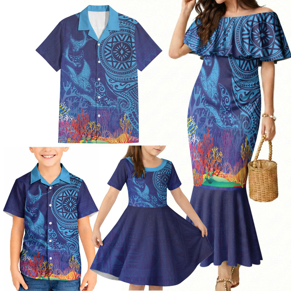 Fijian Tribal Manta Ray Family Matching Mermaid Dress and Hawaiian Shirt Masi Motif with Coral Reef Ocean Vibe